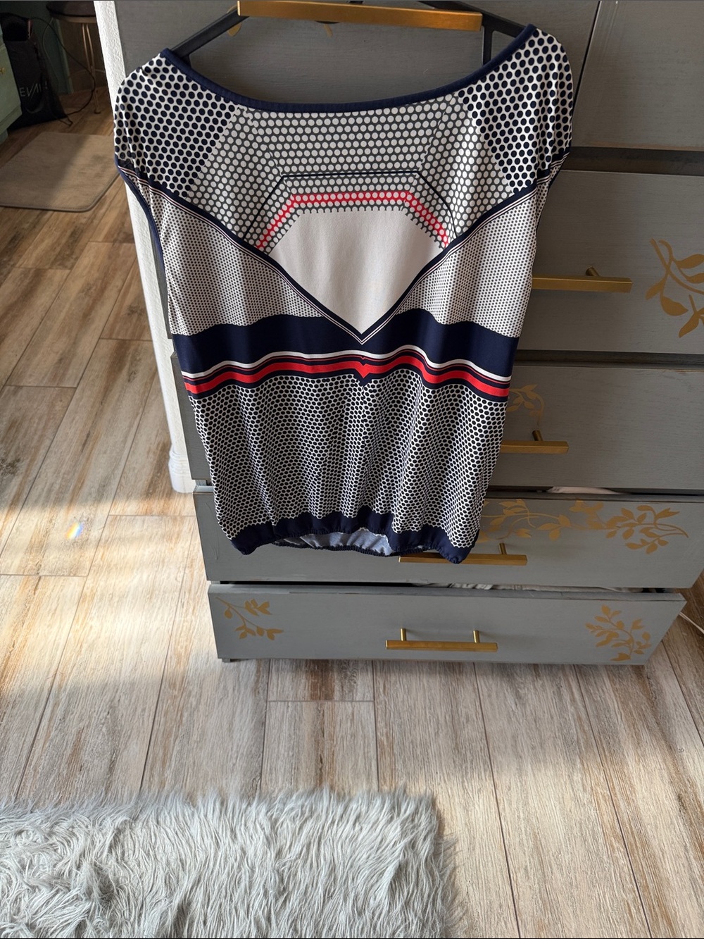 Max Studio Navy, White & Red Striped Geometric Boatneck Tunic
